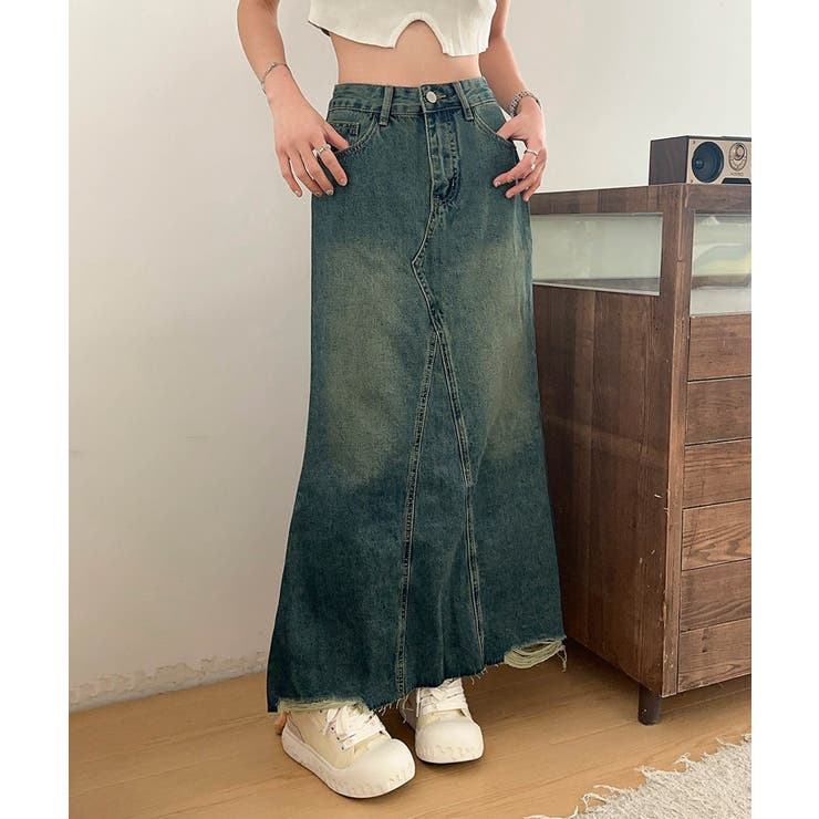 ブルー | 【aimoha】フリンジヘムフレアデニムスカート | aimoha 