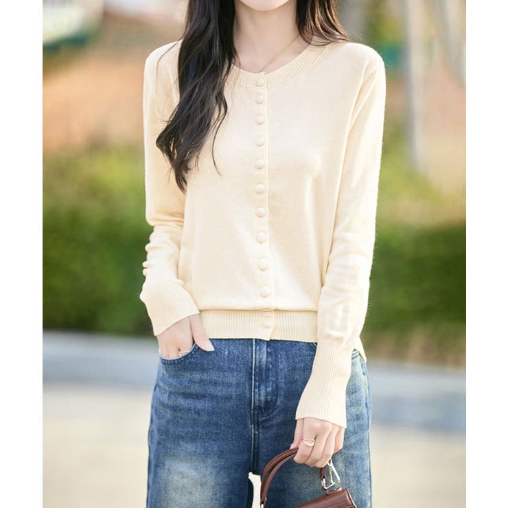 ライトベージュ | マルチボタン クルーネックカーディガン | aimoha 