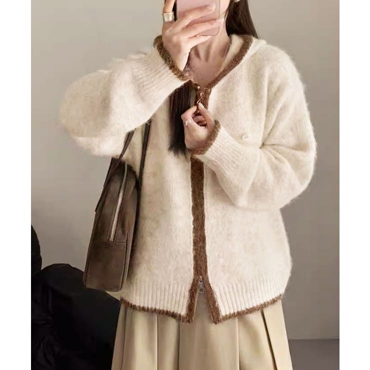 ライトベージュ | 配色ライン入りフーディカーディガン | aimoha 