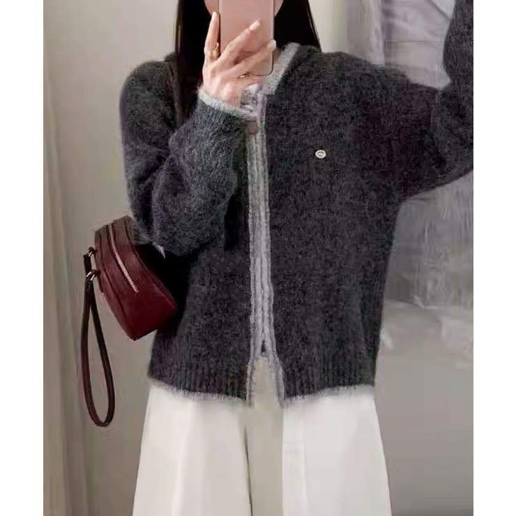 ダークグレー | 配色ライン入りフーディカーディガン | aimoha 