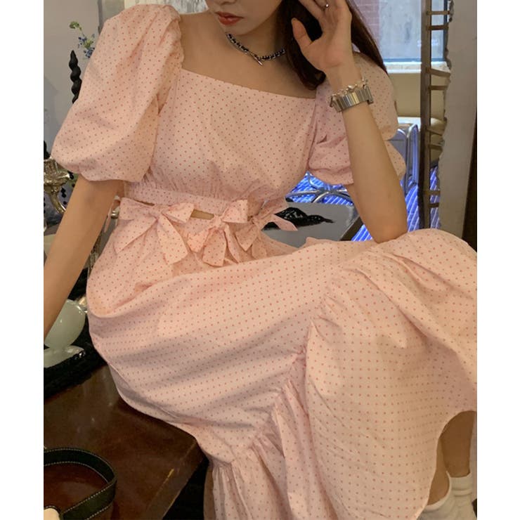 ドット柄スクエアネックウエストリボンロングワンピース 全2色