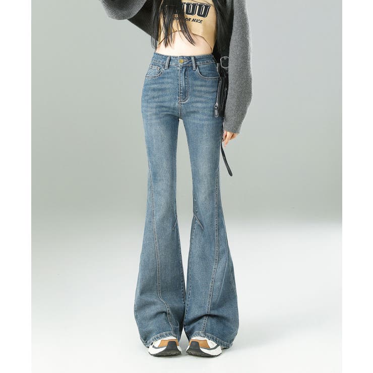 ライトブルー | ウォッシュデニムフレアパンツ | aimoha 