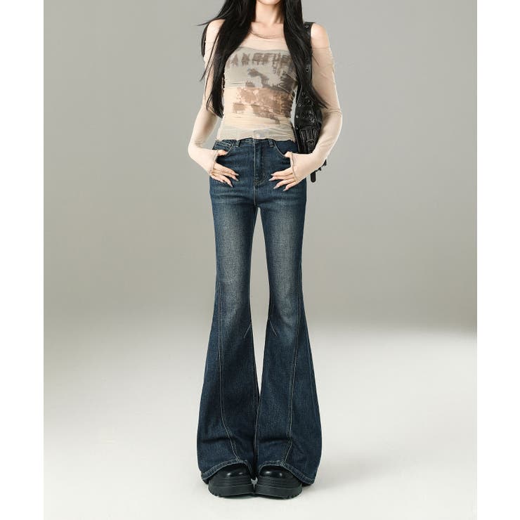 インディゴブルー | ウォッシュデニムフレアパンツ | aimoha 