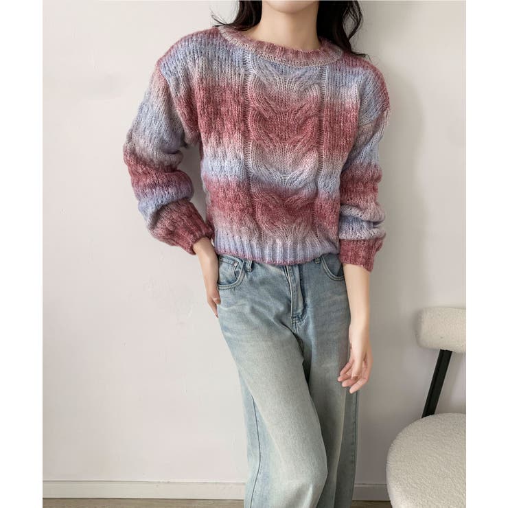 レッド | グラデーションケーブル編みニットプルオーバー | aimoha 