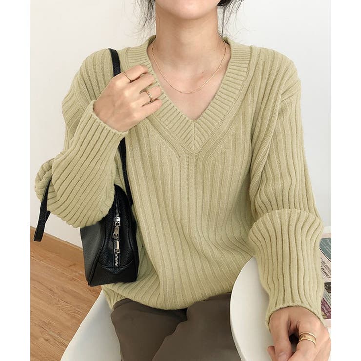 Vネックリブ編みゆるニットプルオーバー | aimoha  | 詳細画像2 