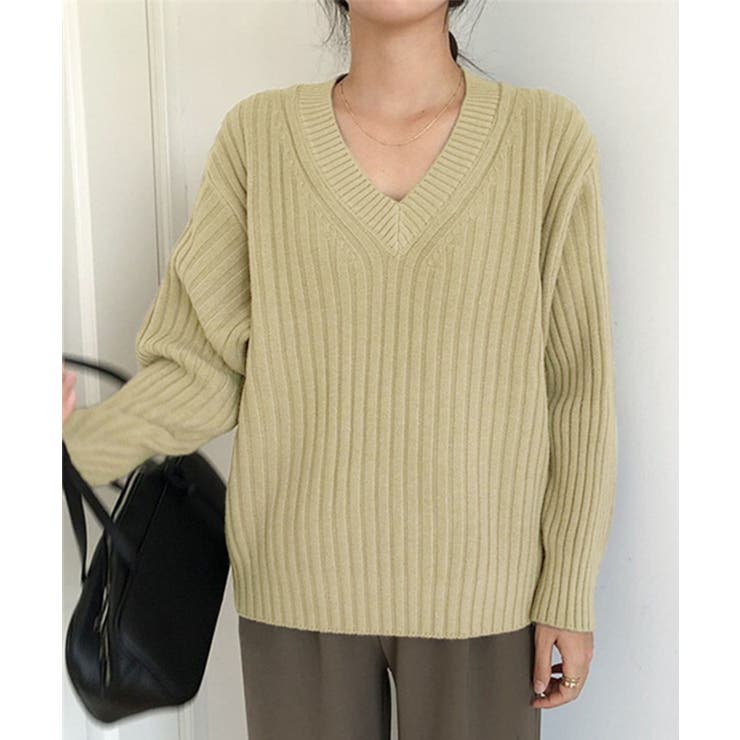 ベージュ | Vネックリブ編みゆるニットプルオーバー | aimoha 