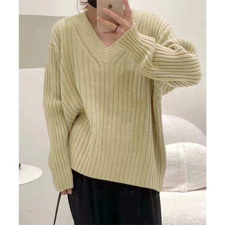 Vネックリブ編みゆるニットプルオーバー | aimoha  | 詳細画像3 