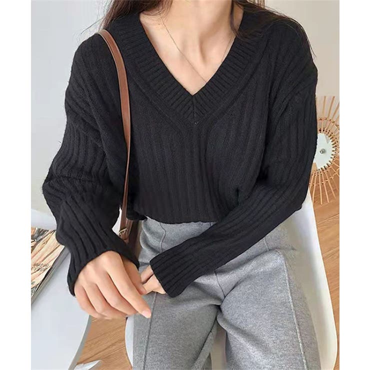 Vネックリブ編みゆるニットプルオーバー | aimoha  | 詳細画像7 