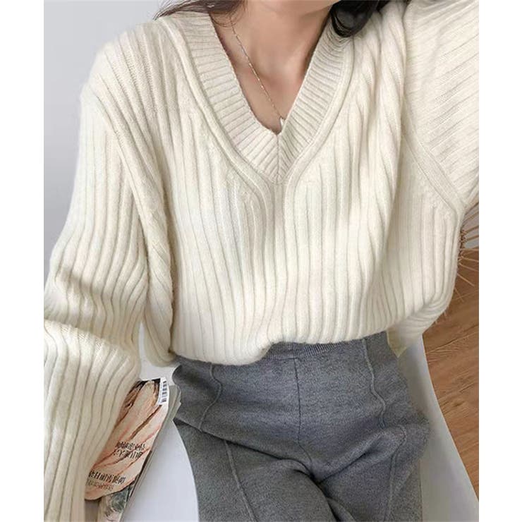 Vネックリブ編みゆるニットプルオーバー | aimoha  | 詳細画像4 