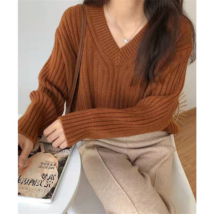ブラウン | Vネックリブ編みゆるニットプルオーバー | aimoha 