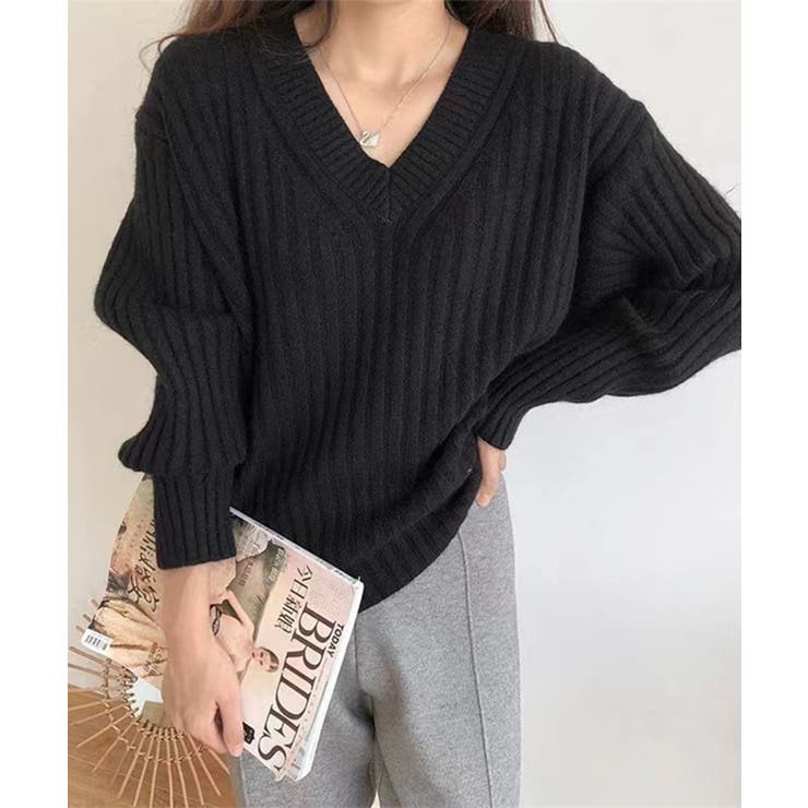 ブラック | Vネックリブ編みゆるニットプルオーバー | aimoha 