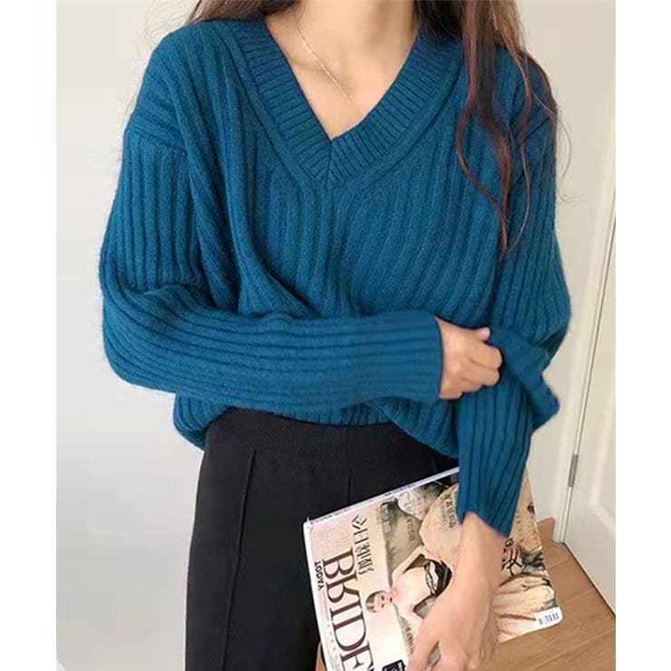 ブルー | Vネックリブ編みゆるニットプルオーバー | aimoha 