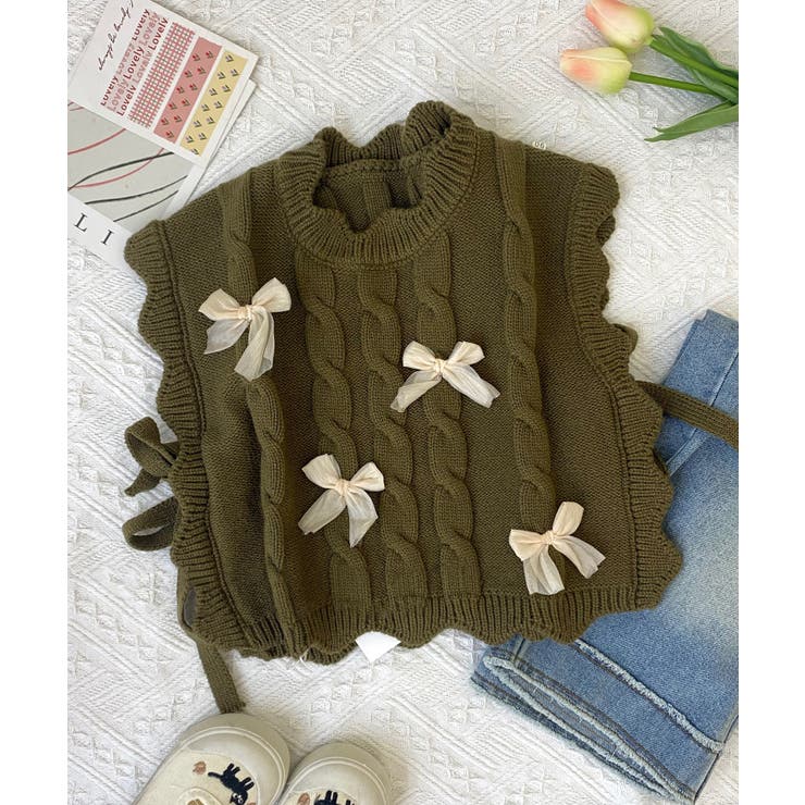 ダークグリーン | 【aimoha-KIDS-】リボン付きニットベスト キッズ | aimoha kids