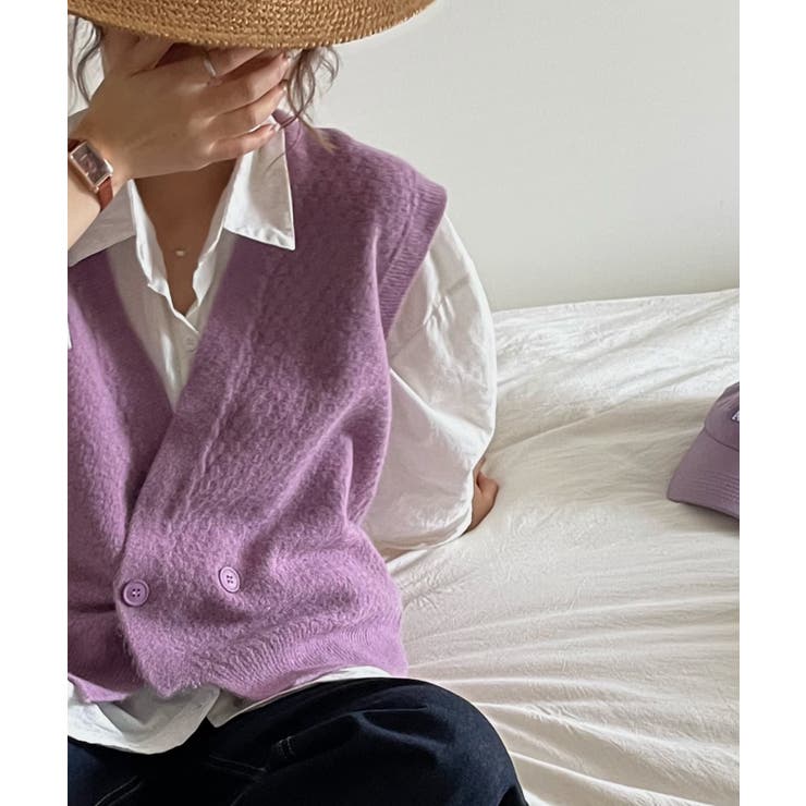 パープル | Vネックニットジャカードベスト 韓国ファッション ツイードジャケット | aimoha 