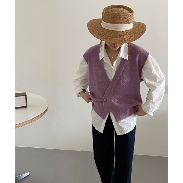 Vネックニットジャカードベスト 韓国ファッション ツイードジャケット | aimoha  | 詳細画像1 