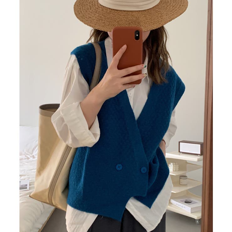 ブルー | Vネックニットジャカードベスト 韓国ファッション ツイードジャケット | aimoha 