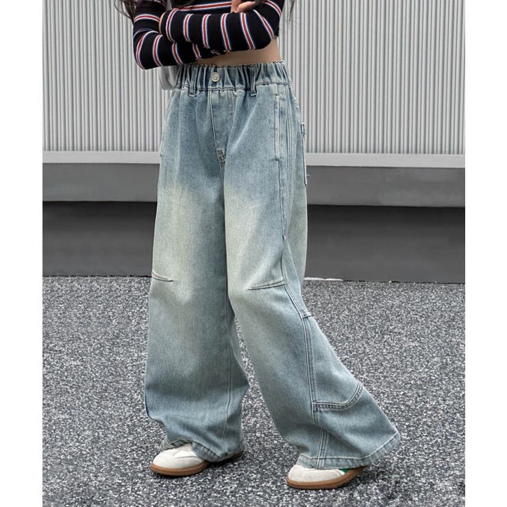 Aimoha KIDS】ユニークステッチキッズデニムフレアパンツ[品番