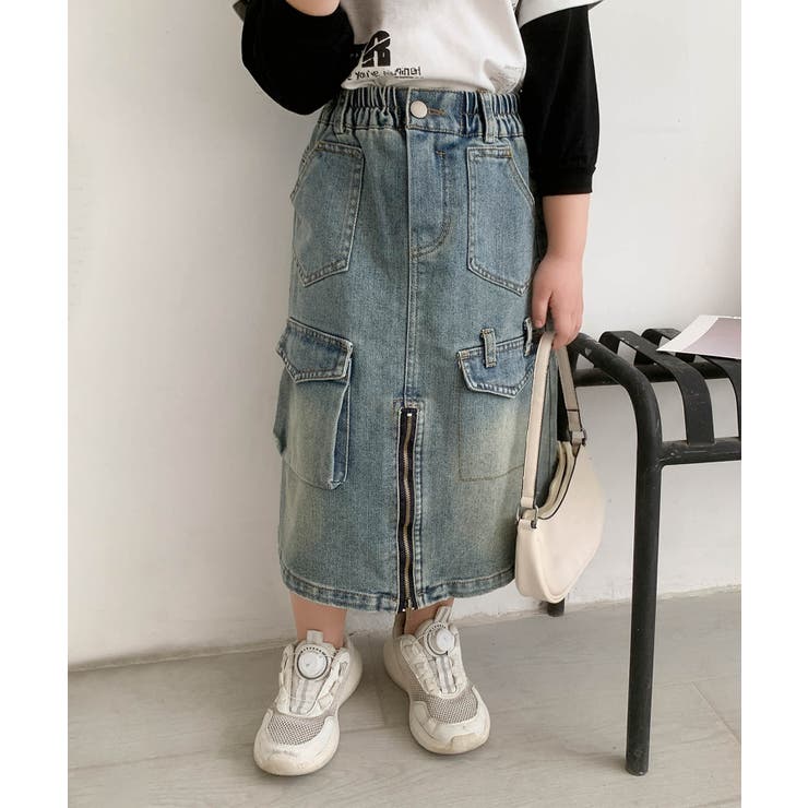 ブルー | 【Aimoha KIDS】フロントファスナースリットキッズデニムスカート | aimoha kids