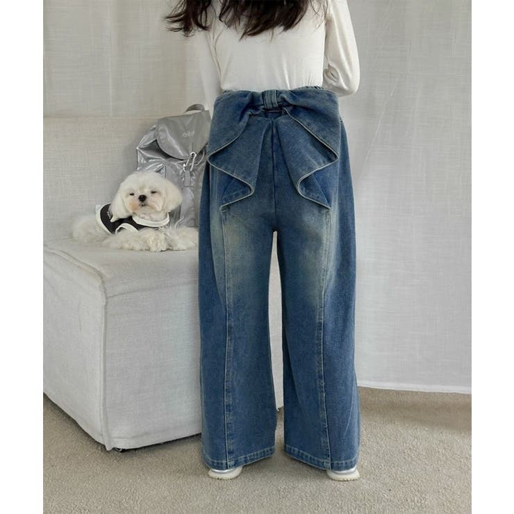 ブルー | 【aimoha-KIDS-】キッズ デニムリボンワイドパンツ | aimoha kids