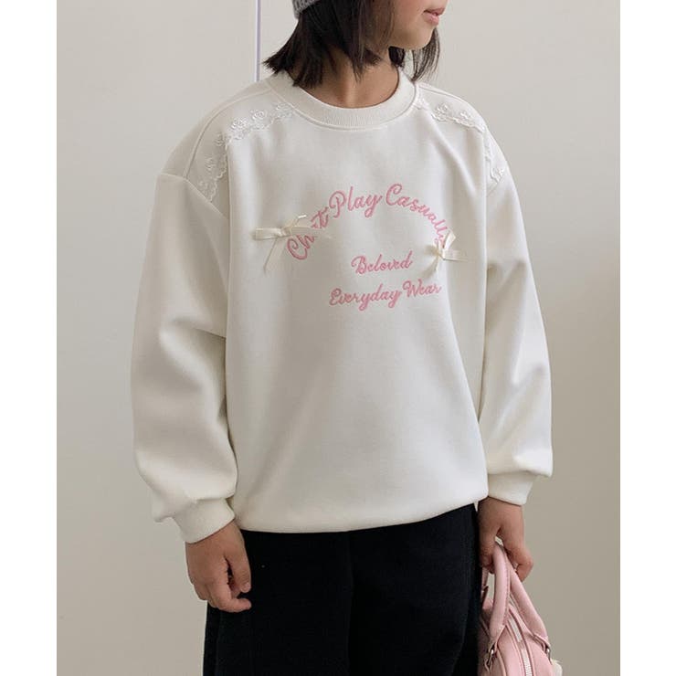 オフホワイト | 【aimoha-KIDS-】リボン刺繍スウェットプルオーバー | aimoha kids