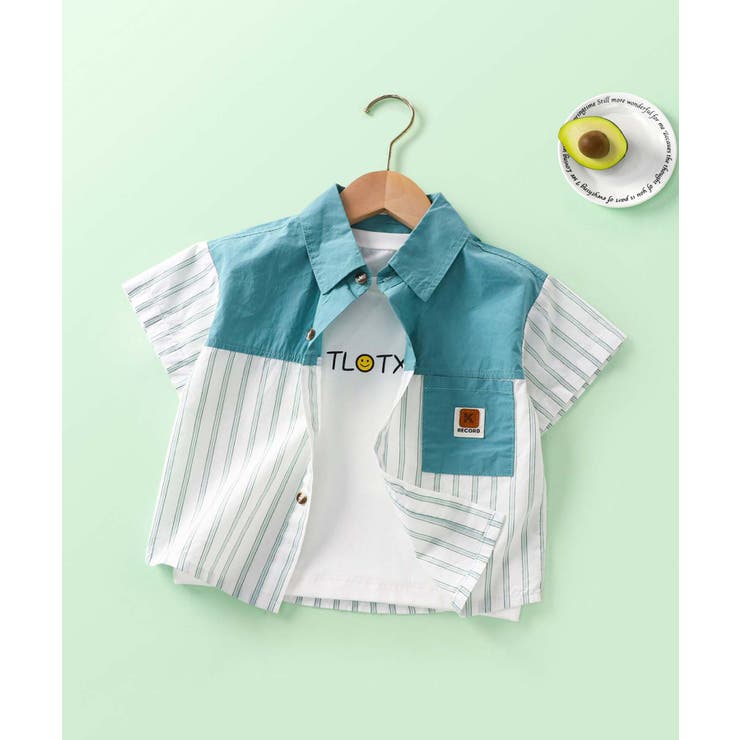 グリーン | 【Aimoha KIDS】ストライプ切り替えデザインキッズシャツ | aimoha kids