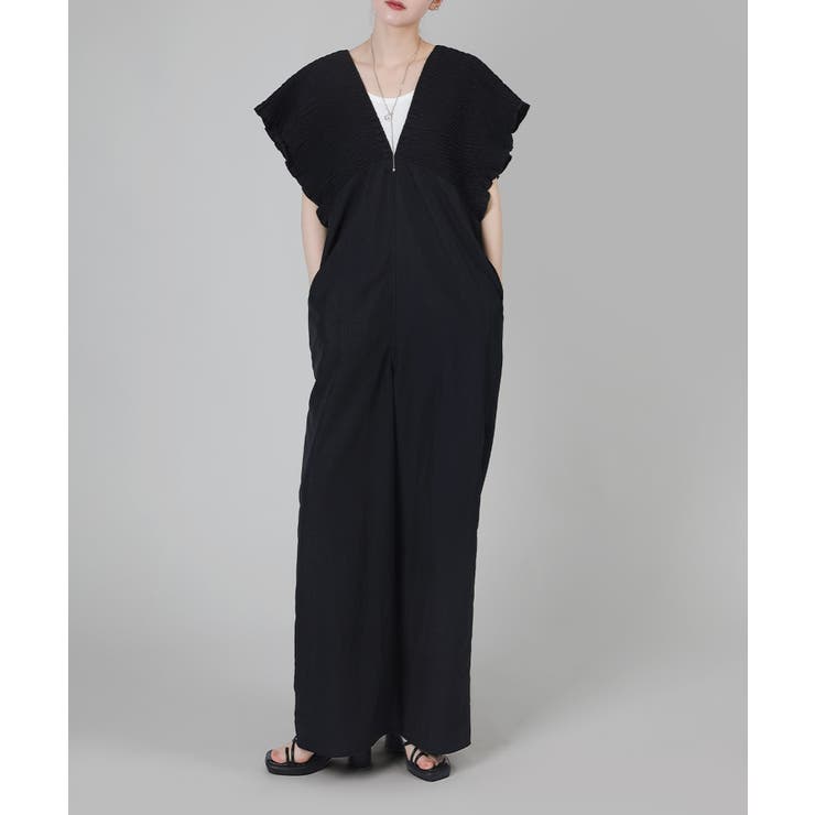 ブラック | シャーリングサロペットオールインワン | aimoha 