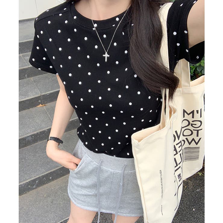 ブラック | ドット柄半袖Tシャツ | aimoha 