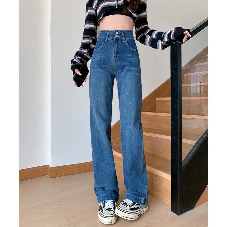 ブルー2(丈+5cm) | 【Aimoha】ダブルボタンハイウエストジーンズ | aimoha 