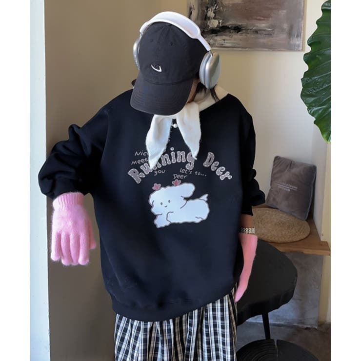 ブラック | ゆるふわプリント裏起毛スウェット【AW】 | aimoha 