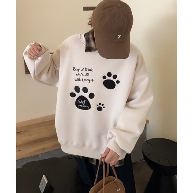 ベージュ | パウプリント刺繍裏起毛スウェット【AW】 | aimoha 