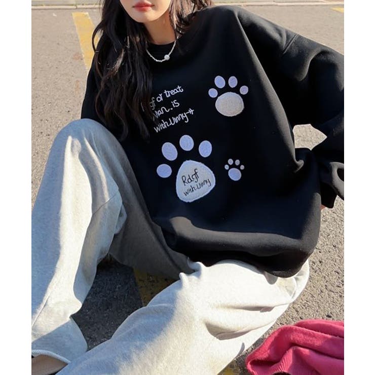 ブラック | パウプリント刺繍裏起毛スウェット【AW】 | aimoha 