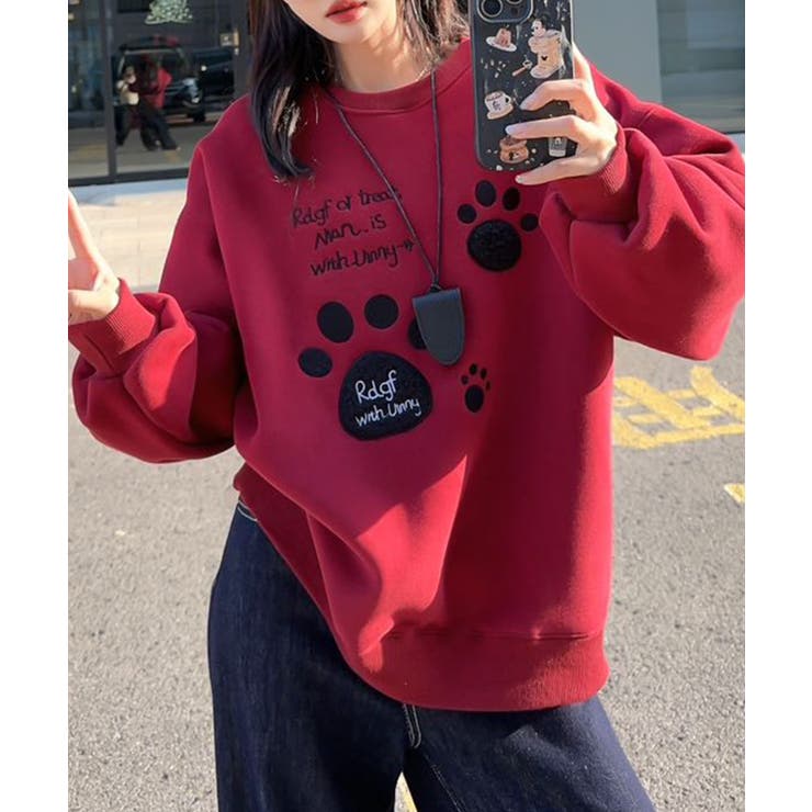 ワインレッド | パウプリント刺繍裏起毛スウェット【AW】 | aimoha 