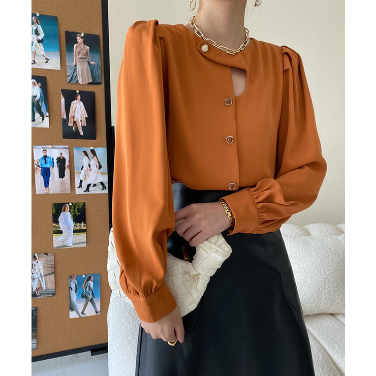 オレンジ | ノーカラーフロントデザインブラウス 長袖シャツ 韓国ファッション | aimoha 