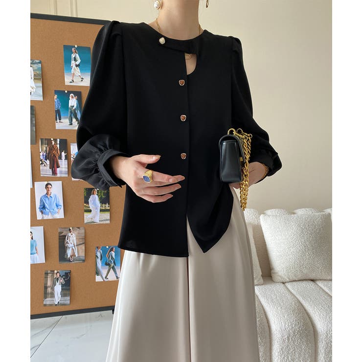 ブラック | ノーカラーフロントデザインブラウス 長袖シャツ 韓国ファッション | aimoha 