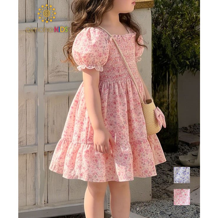 【aimoha-KIDS-】小花柄シャーリングワンピース（バッグ付き） | aimoha kids | 詳細画像1 