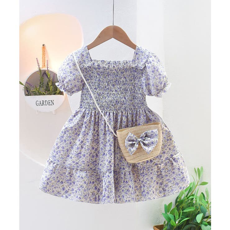 ブルー | 【aimoha-KIDS-】小花柄シャーリングワンピース（バッグ付き） | aimoha kids