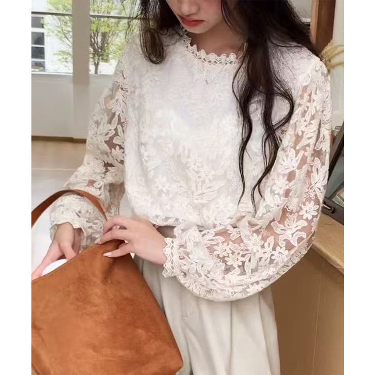 ライトベージュ | フラワーレース シアーフリルブラウス | aimoha 