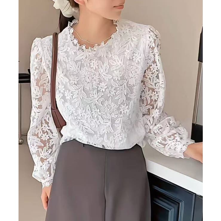 ホワイト | フラワーレース シアーフリルブラウス | aimoha 