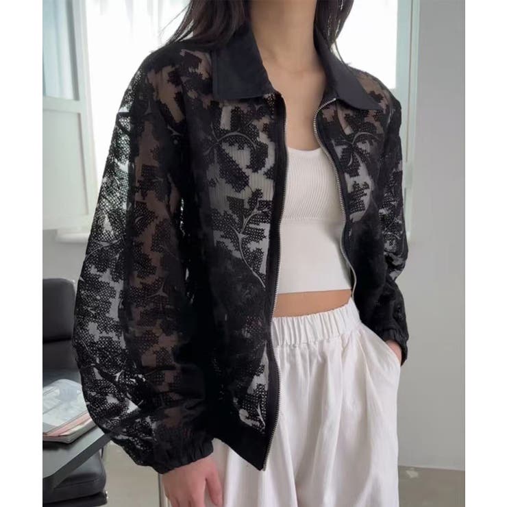 ブラック | ボタニカルレースシアーブルゾン | aimoha 
