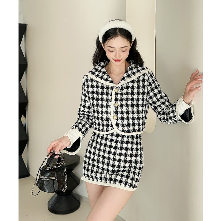 あ*れ様 【美品】45R ウール100%混柄ニットジャケット ヘリンボーン×千鳥 千鳥柄ニットジャケット | LANVIN COLLECTION (Women)/ランバン