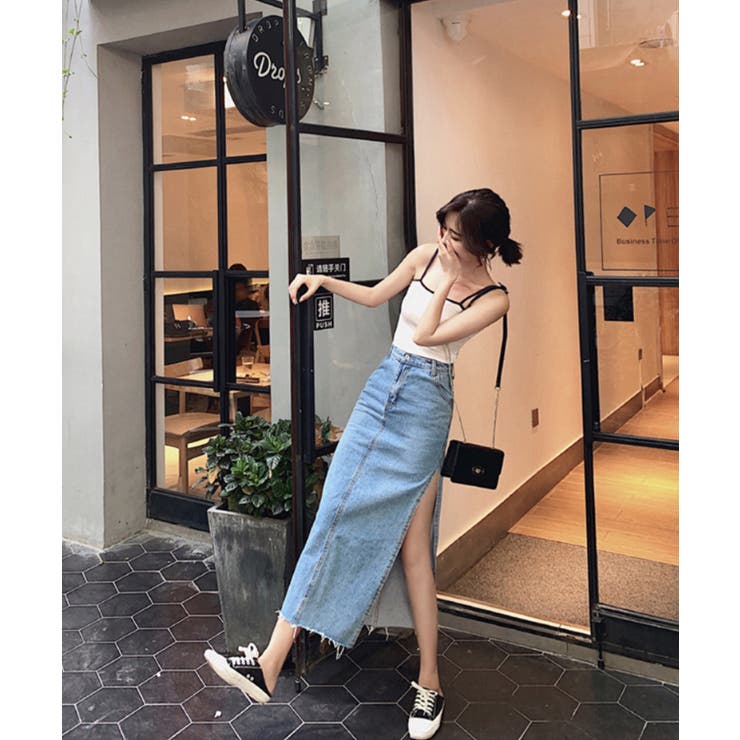 スリットロングデニムスカート 韓国ファッション ハイウエスト