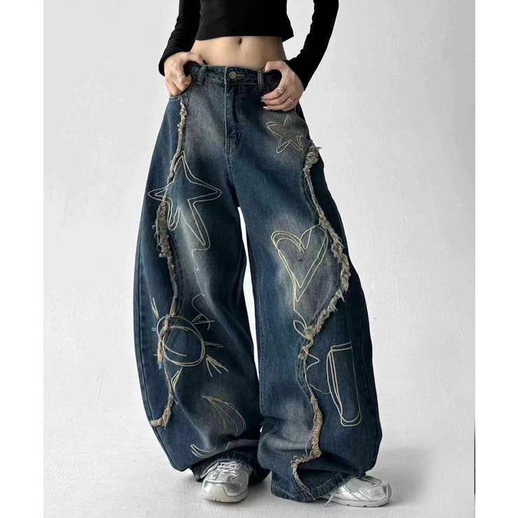 インディゴブルー | グラフィックステッチ ダメージ加工 デニムパンツ | HOOK