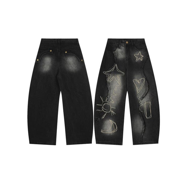 ブラック | グラフィックステッチ ダメージ加工 デニムパンツ | HOOK