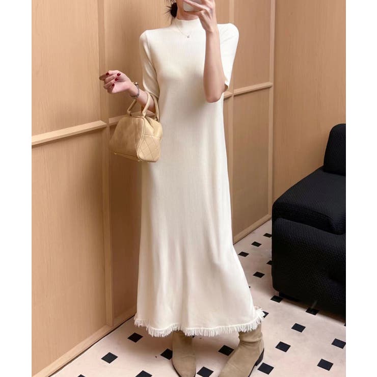 ライトベージュ | 【BANICO】5分袖 ニット マキシワンピース | aimoha 