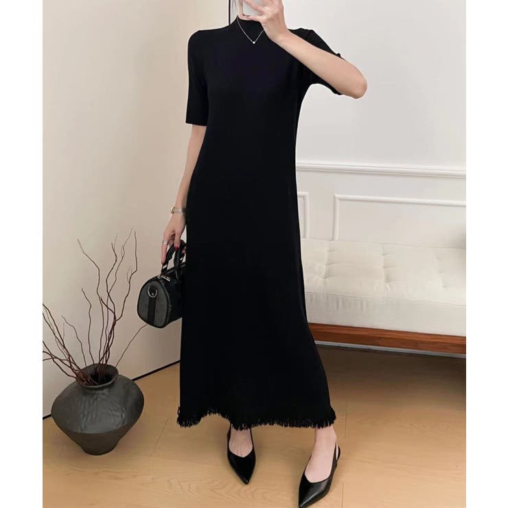 ブラック | 【BANICO】5分袖 ニット マキシワンピース | aimoha 