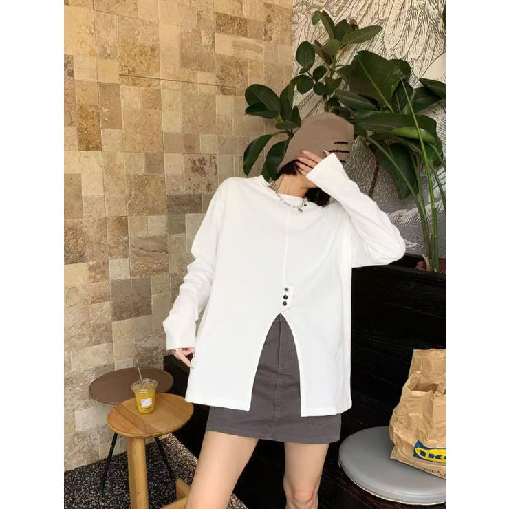 ホワイト | フロントスリットデザインTシャツ ロンT カットソー | aimoha 