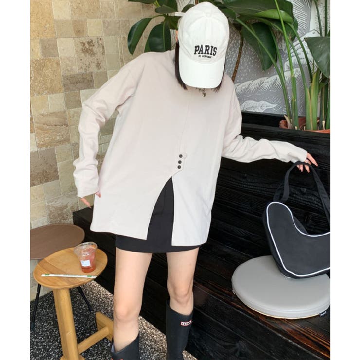 ライトベージュ | フロントスリットデザインTシャツ ロンT カットソー | aimoha 