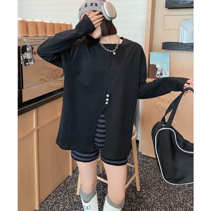 ブラック | フロントスリットデザインTシャツ ロンT カットソー | aimoha 