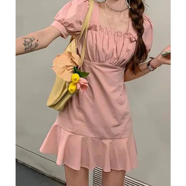 Jasmine Grandiflorumフリルスクエアネック半袖ミニワンピース