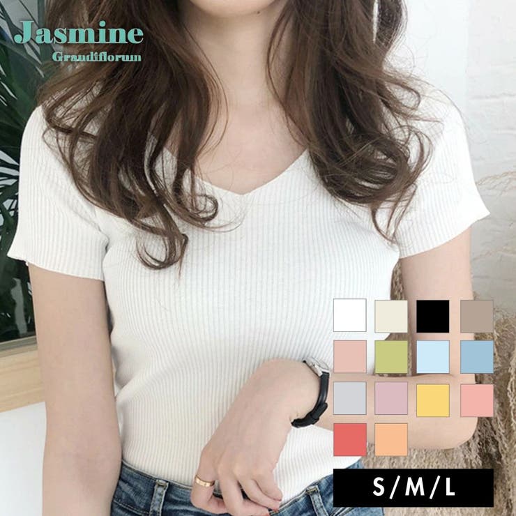 【Jasmine】シンプル無地Vネック半袖ニットトップス (SS) (EC) | aimoha  | 詳細画像1 